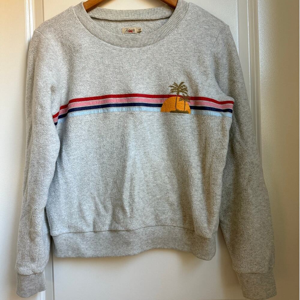 Faherty Gray Horizontal Stripe Palm Tree Vacation Sweater Beach‎ Boho Size Small